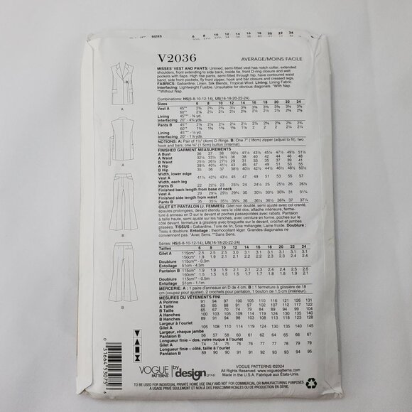 Vogue Patterns V2036 Vest & Pants Sewing Pattern Size16-24  Womens Uncut - Picture 4 of 4